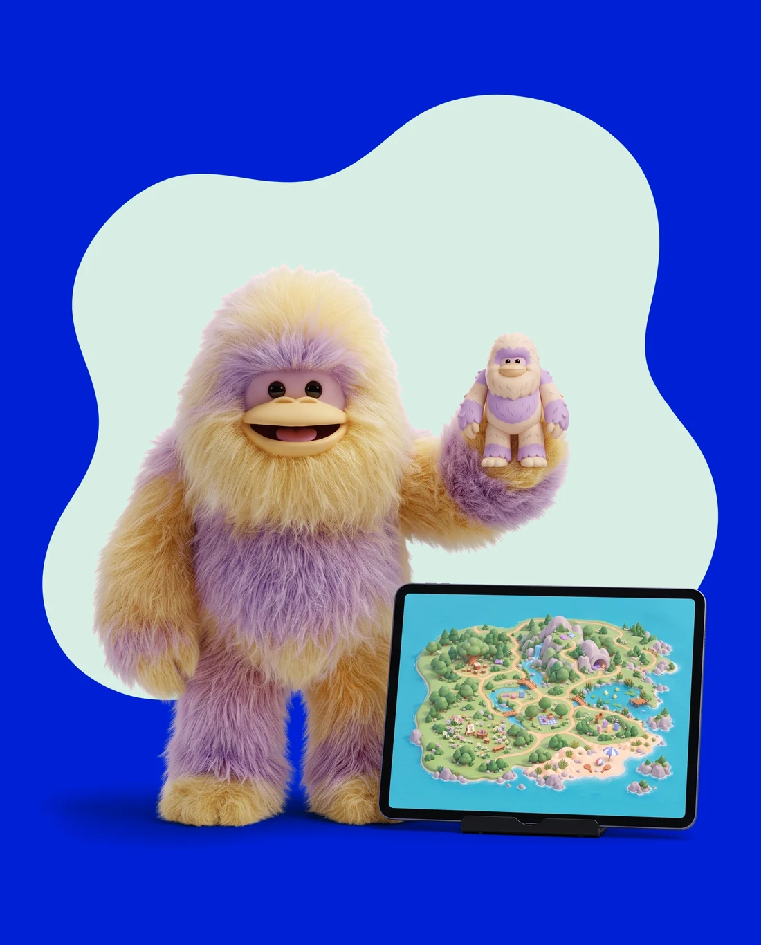 Gowiwa hält seine eigene Spielfigur hoch, neben einem iPad mit der Insel von Fuzzie Friends World